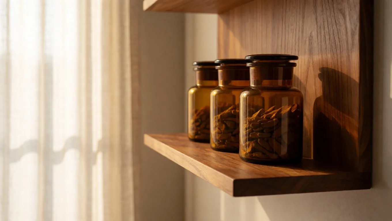 Amber supplement bottles on a wooden shelf