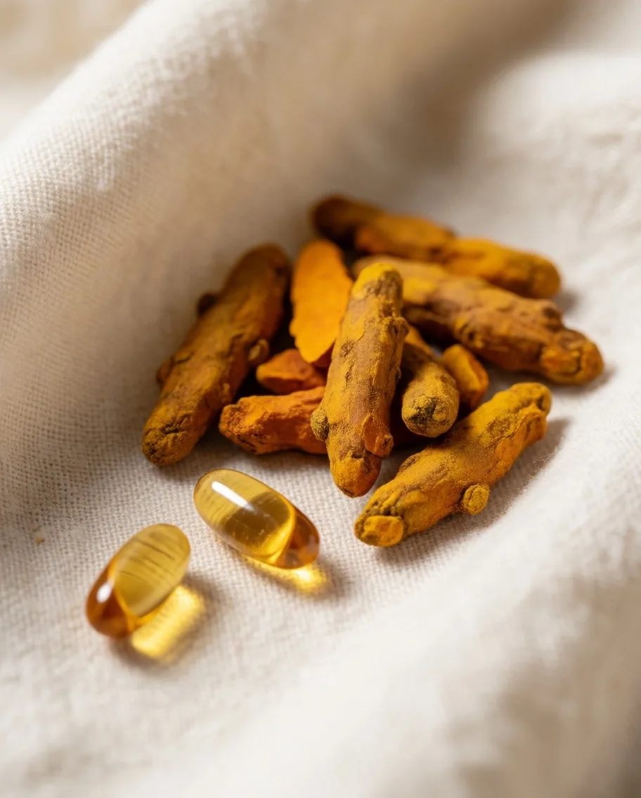 Dried turmeric and amber capsules on cream linen