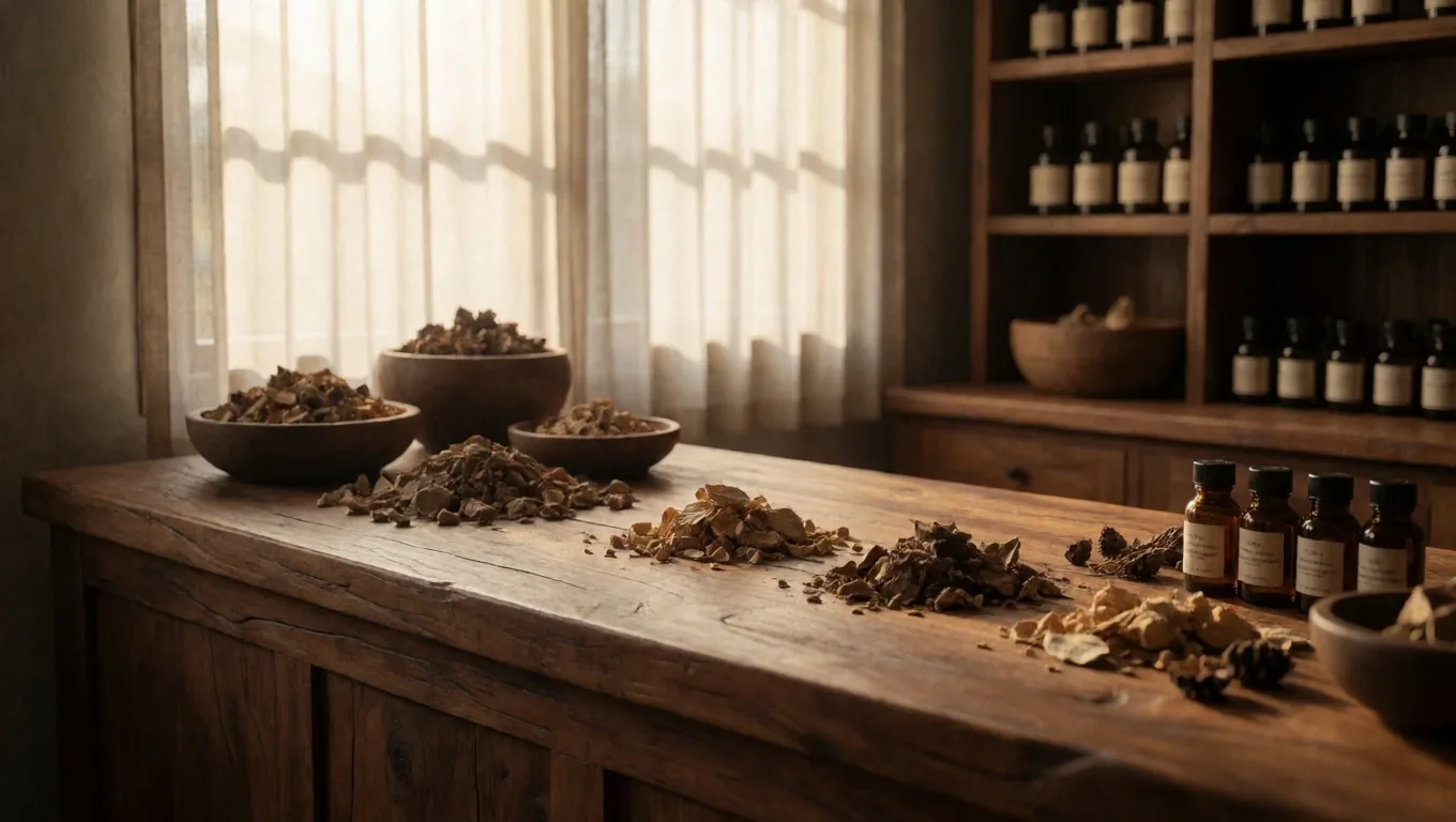 Dried herbs and amber glass bottles on a cream paper surface