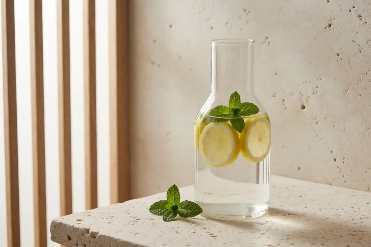 Glass water bottle with citrus slices on a cream surface