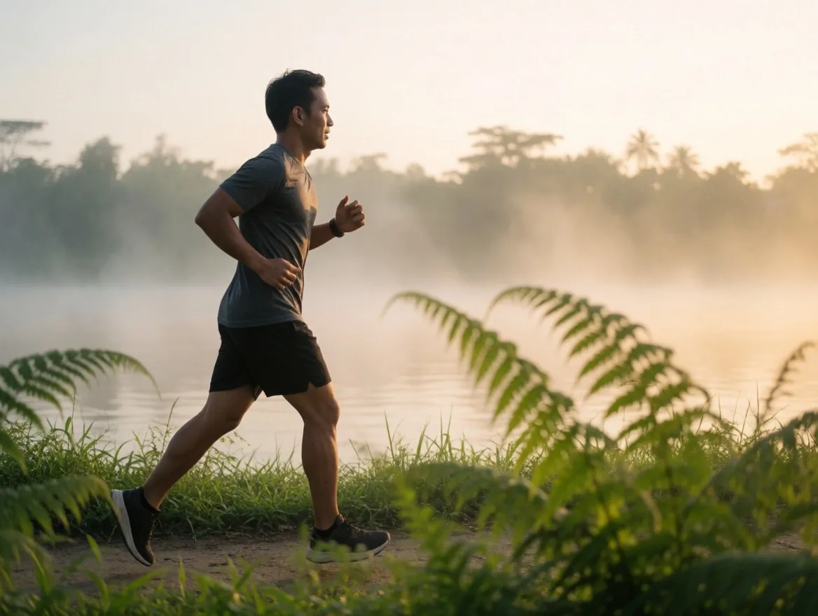 Man running through tropical greenery at dawn