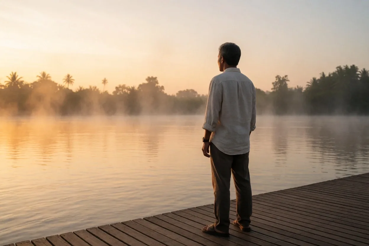 Man at sunrise near the Martapura River waterfront in Banjarmasin