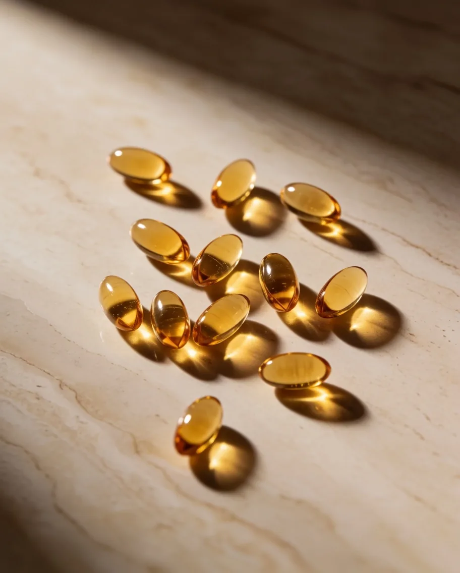 Natural supplement capsules arranged on a cream surface