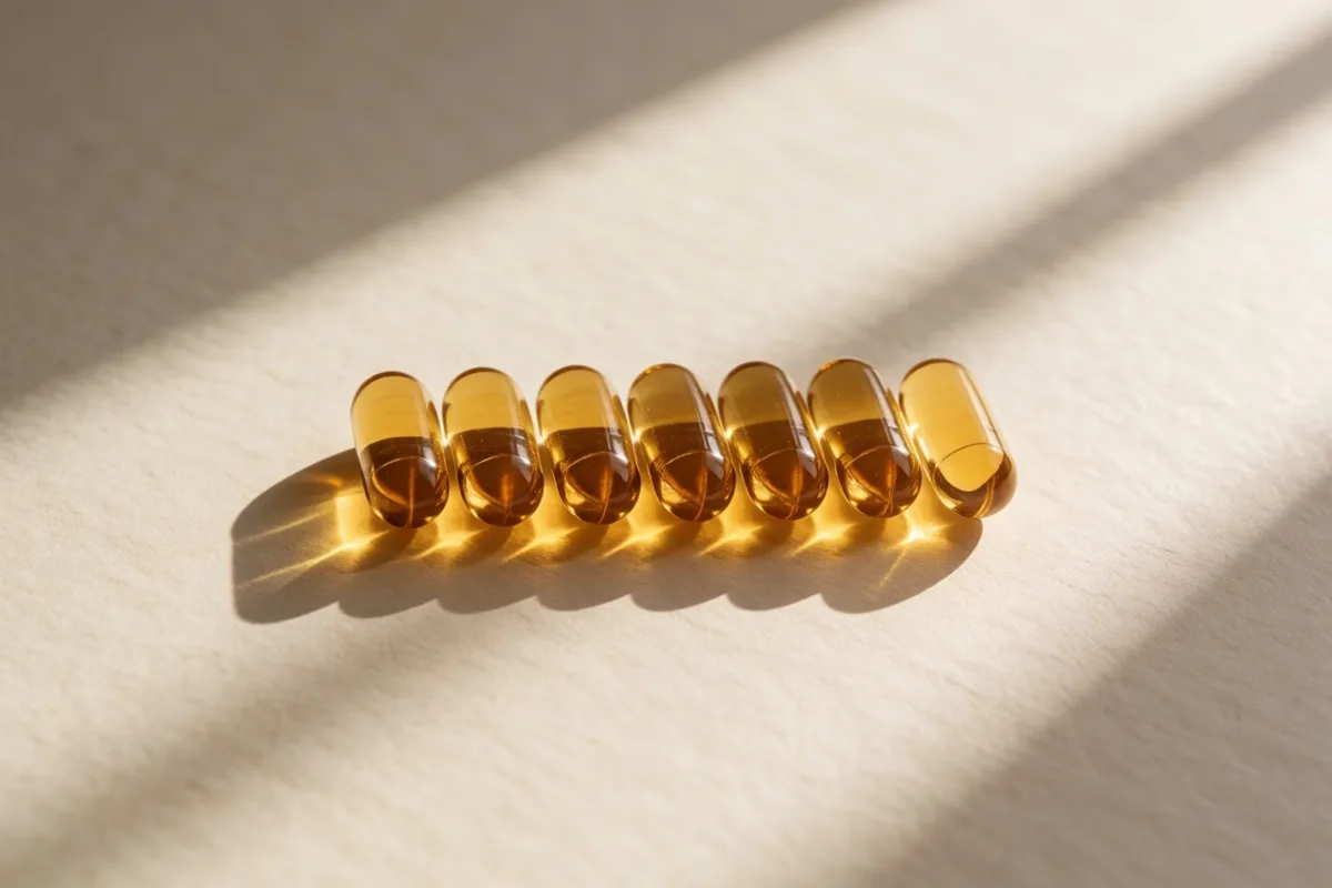 Daily multivitamin organizer with seven capsules on cream paper