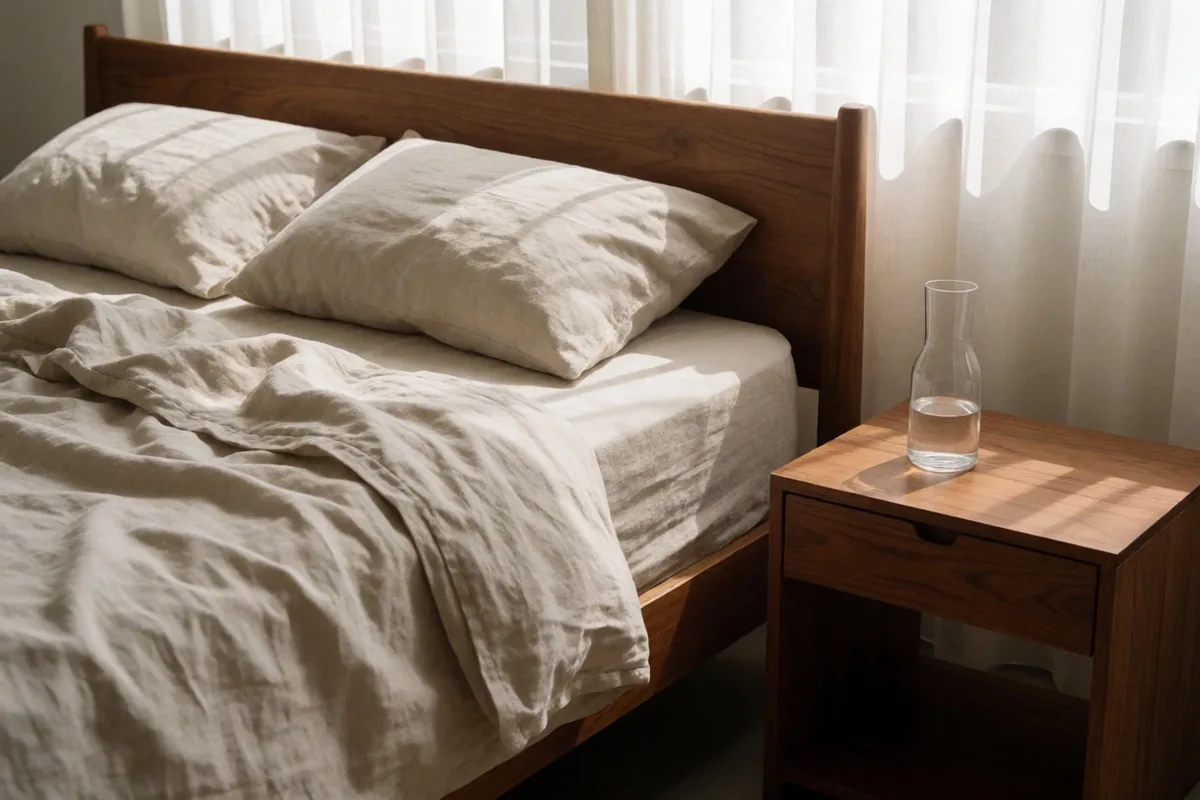 Calm bedroom with soft morning light, natural linen sheets, and a glass of water on a nightstand