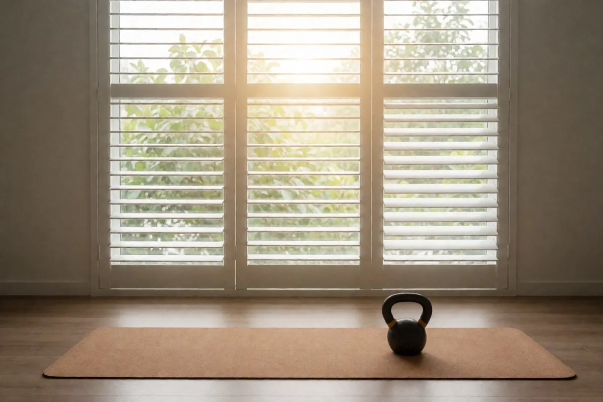 Man performing kettlebell strength training in a home gym with natural light
