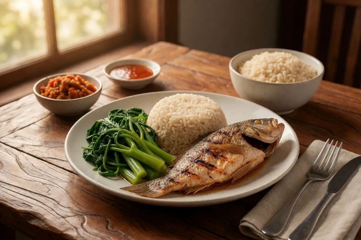 Wholesome Indonesian meal with rice, grilled fish, and fresh vegetables on a wooden table
