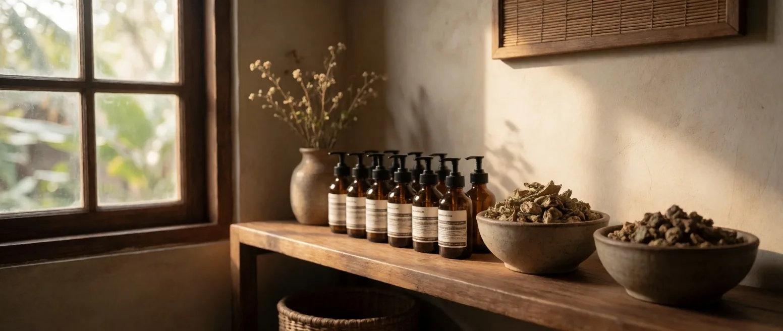 Botanical reference and supplement bottles on a desk